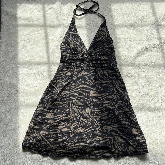 H&M Halter Neck Mini Dress - Black Beige Animal Print, 100% Cotton Size 4 - Picture 1 of 7